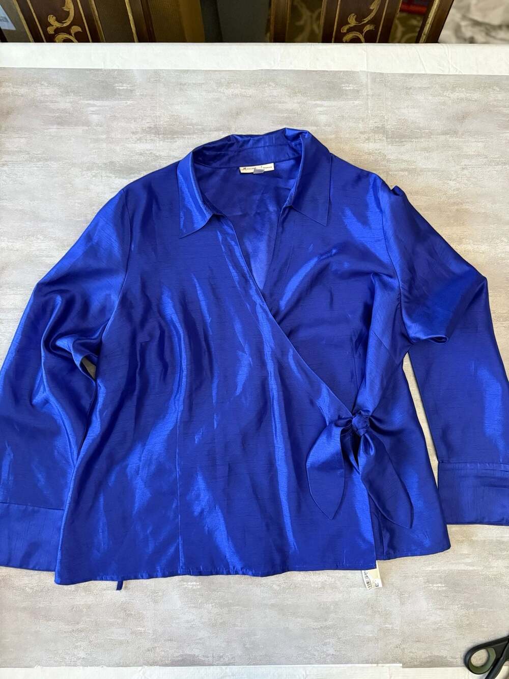 JM Collection Woman Plus Size 24W Royal Blue Faux Silk Wrap‎ Top Blouse